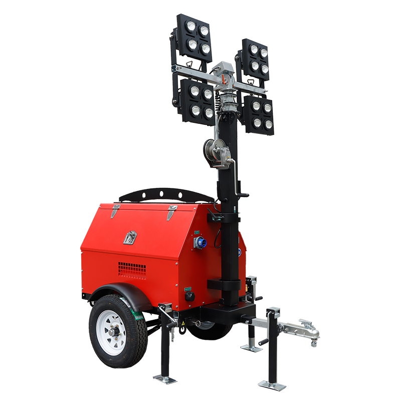 Manueller mobiler Diesel-Lichtmast, 4 x 350 W LED-Lampen und 4 x 1000 W Metallhalogenid